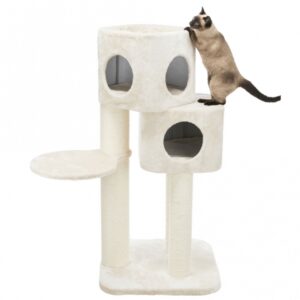Dieser stilvolle und hochwertige Katzenbaum bietet Ihrem Haustier einen perfekten Rückzugsort und viel Spielspaß. Mit einem Sisaldurchmesser von 6 mm und einer stabilen Plüsch-Oberfläche aus 600 g/m² ist er besonders robust und langlebig. Die gemütlichen Höhlen sind mit weichem Plüsch/Fleece ausgestattet, was für ultimativen Komfort sorgt. Der Katzenbaum hat eine Höhe von ca. 120 cm und eine Grundfläche von ca. 58 x 58 cm, ideal für jede Wohnung. Zudem sind zwei Wendekissen enthalten, die sich leicht per Handwäsche reinigen lassen. In einem eleganten Creme-Ton fügt sich dieser Katzenbaum harmonisch in Ihr Zuhause ein und bietet Ihrer Katze einen Ort zum Entspannen und Spielen. Holen Sie sich jetzt diesen hochwertigen Katzenbaum für Ihr geliebtes Haustier!