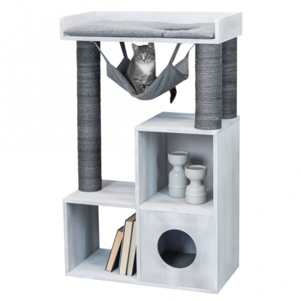 Entdecke das perfekte Möbelstück für Katzenliebhaber und Bücherwürmer: Unser einzigartiger Kratzbaum mit Regalfunktion vereint Stil und Funktionalität. Dieser praktische Kratzbaum bietet nicht nur ausreichend Platz für deine Katze zum Klettern und Ausruhen, sondern ermöglicht es dir auch, deine Bücher stilvoll zu präsentieren. Die vielseitigen Würfel sind ideal als gemütliche Liegeflächen für deine Samtpfote oder als praktische Regale für deine Lieblingsbücher nutzbar. Ausgestattet mit einer kuscheligen Höhle, einem abnehmbaren Bett und einer Hängematte, sorgt dieser Kratzbaum für ultimativen Komfort. Die robusten Sisalstämme (ø 5 mm) sind perfekt, damit deine Katze ihre Krallen pflegen kann. Mit einer Grundfläche von ca. 72 x 38 cm und einer Höhe von ca. 110 cm ist dieser Kratzbaum in elegantem Grau ein echter Blickfang in jedem Zuhause. Ideal für alle, die hohe Qualität und Funktionalität zu schätzen wissen!