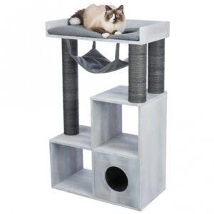 Entdecke das perfekte Möbelstück für Katzenliebhaber und Bücherwürmer: Unser einzigartiger Kratzbaum mit Regalfunktion vereint Stil und Funktionalität. Dieser praktische Kratzbaum bietet nicht nur ausreichend Platz für deine Katze zum Klettern und Ausruhen, sondern ermöglicht es dir auch, deine Bücher stilvoll zu präsentieren. Die vielseitigen Würfel sind ideal als gemütliche Liegeflächen für deine Samtpfote oder als praktische Regale für deine Lieblingsbücher nutzbar. Ausgestattet mit einer kuscheligen Höhle, einem abnehmbaren Bett und einer Hängematte, sorgt dieser Kratzbaum für ultimativen Komfort. Die robusten Sisalstämme (ø 5 mm) sind perfekt, damit deine Katze ihre Krallen pflegen kann. Mit einer Grundfläche von ca. 72 x 38 cm und einer Höhe von ca. 110 cm ist dieser Kratzbaum in elegantem Grau ein echter Blickfang in jedem Zuhause. Ideal für alle, die hohe Qualität und Funktionalität zu schätzen wissen!