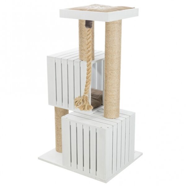 Dieses kuschelige Sisal-Katzenbett mit einem Durchmesser von 5 mm und einer stabilen Sperrholzunterlage (lackiert) ist die perfekte Rückzugsmöglichkeit für Ihre Katze. Es kommt mit zwei Wendekissen, die leicht von Hand gewaschen werden können, und bietet in den sanften Farben Weiß und Sand eine stilvolle Ergänzung für Ihr Zuhause. Mit einer Höhe von ca. 114 cm und einer Grundfläche von ca. 62 x 52 cm sowie einem Stammdurchmesser von ca. 11 cm ist es ideal für Katzen aller Größen. Darüber hinaus unterstützt der Kauf dieses Produkts die Meeresschutzprojekte von TRIXIE, was Ihnen ermöglicht, aktiv zum Natur- und Artenschutz beizutragen. Gönnen Sie Ihrer Katze den Komfort und die Sicherheit, die sie verdient – mit diesem hochwertigen Kuschelbett!