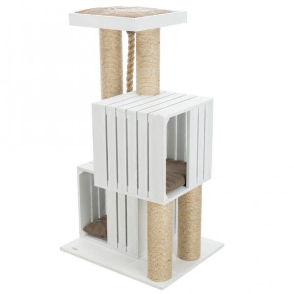 Dieses kuschelige Sisal-Katzenbett mit einem Durchmesser von 5 mm und einer stabilen Sperrholzunterlage (lackiert) ist die perfekte Rückzugsmöglichkeit für Ihre Katze. Es kommt mit zwei Wendekissen, die leicht von Hand gewaschen werden können, und bietet in den sanften Farben Weiß und Sand eine stilvolle Ergänzung für Ihr Zuhause. Mit einer Höhe von ca. 114 cm und einer Grundfläche von ca. 62 x 52 cm sowie einem Stammdurchmesser von ca. 11 cm ist es ideal für Katzen aller Größen. Darüber hinaus unterstützt der Kauf dieses Produkts die Meeresschutzprojekte von TRIXIE, was Ihnen ermöglicht, aktiv zum Natur- und Artenschutz beizutragen. Gönnen Sie Ihrer Katze den Komfort und die Sicherheit, die sie verdient – mit diesem hochwertigen Kuschelbett!
