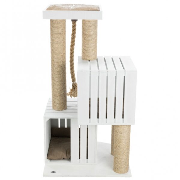 Dieses kuschelige Sisal-Katzenbett mit einem Durchmesser von 5 mm und einer stabilen Sperrholzunterlage (lackiert) ist die perfekte Rückzugsmöglichkeit für Ihre Katze. Es kommt mit zwei Wendekissen, die leicht von Hand gewaschen werden können, und bietet in den sanften Farben Weiß und Sand eine stilvolle Ergänzung für Ihr Zuhause. Mit einer Höhe von ca. 114 cm und einer Grundfläche von ca. 62 x 52 cm sowie einem Stammdurchmesser von ca. 11 cm ist es ideal für Katzen aller Größen. Darüber hinaus unterstützt der Kauf dieses Produkts die Meeresschutzprojekte von TRIXIE, was Ihnen ermöglicht, aktiv zum Natur- und Artenschutz beizutragen. Gönnen Sie Ihrer Katze den Komfort und die Sicherheit, die sie verdient – mit diesem hochwertigen Kuschelbett!