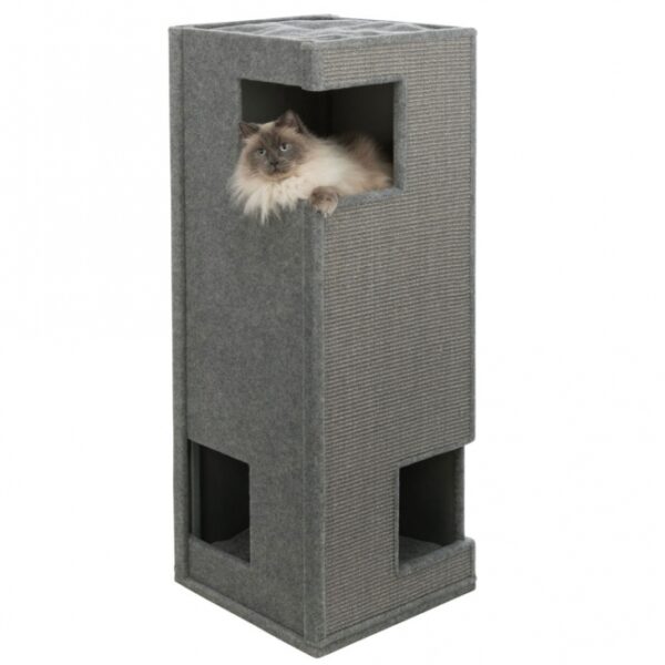 Diese hochwertige Katzenkratzmöbel ist besonders für große Katzen geeignet und bietet ihnen einen komfortablen Rückzugsort. Die Konstruktion aus strapazierfähigem Sisal und weichem Filz (Polyester) sorgt für eine lange Lebensdauer und hohen Komfort. Die gemütliche Höhle ist mit Fleece (Polyester) ausgestattet und bietet einen warmen Platz zum Entspannen. Mit zwei Wendekissen, die leicht von Hand gewaschen werden können, bleibt das Möbelstück stets sauber und einladend. Die zwei Seiten mit Sisalkratzfläche fördern das natürliche Kratzverhalten Ihrer Katze und schützen Ihre Möbel. Dieses Katzenmöbel ist tierschutzkonform nach § 18 (AT) und hat eine Grundfläche von ca. 45 × 45 cm sowie eine Höhe von ca. 118 cm. Die elegante graue Farbe fügt sich harmonisch in jedes Zuhause ein und macht es zu einer idealen Wahl für Katzenliebhaber, die Wert auf Qualität und Funktionalität legen.