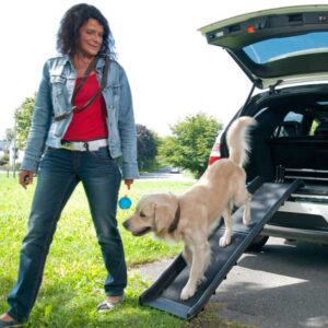 Die **Autohunderampe Gentle Step** ist die perfekte Lösung, um Ihrem Hund den Ein- und Ausstieg ins Auto zu erleichtern. Diese hochwertige Rampe besteht aus robustem Kunststoff und bietet eine rutschsichere Lauffläche, die für zusätzliche Sicherheit sorgt. Mit ihrem leichten Eigengewicht und der praktischen Möglichkeit, sie platzsparend zusammenzuklappen, ist die Gentle Step der ideale Begleiter für jeden Tag. Sie kann bis zu 90 kg tragen und eignet sich somit für Hunde aller Größen. Die Maße der Rampe betragen ca. 154 x 39 x 70 cm (LxBxH), was sie zu einer kompakten und dennoch stabilen Lösung für Ihren vierbeinigen Freund macht. Investieren Sie in die Gentle Step Hunderampe und bieten Sie Ihrem Hund den Komfort, den er verdient!