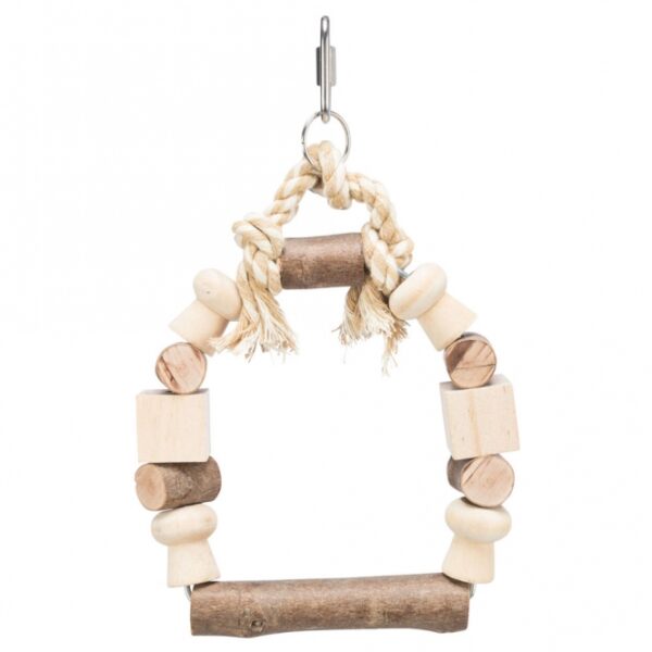 Diese hochwertige Bogenschaukel sorgt für besonderen Schaukelspaß für Ihren gefiederten Freund im Käfig. Das robuste Baumwolltau und die bunten Holzklötzchen bieten eine willkommene Abwechslung und fördern die Aktivität und das Wohlbefinden Ihres Haustiers. Die einfache Montage am Käfiggitter erfolgt durch einen stabilen Haken, was die Handhabung besonders benutzerfreundlich macht. Mit Außenmaßen von ca. 14 x 17 cm (BxH) und Innenmaßen von ca. 10 x 10 cm ist diese Schaukel perfekt für verschiedene Vogelarten geeignet. Gönnen Sie Ihrem Vogel dieses Spielzeug von hoher Qualität, das sowohl Spaß als auch Sicherheit bietet!