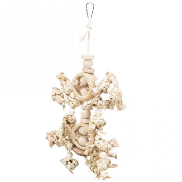 Diese hochwertige Vogelspielzeug-Kombination aus Bananenblättern, Holz und Luffa wurde in enger Zusammenarbeit mit dem renommierten Weltvogelpark Walsrode entwickelt. Mit einer Größe von ca. 42 cm ist dieses Spielzeug ideal für Nymphensittiche und Wellensittiche geeignet. Es bietet nicht nur eine sichere Beschäftigung, sondern fördert auch die Gesundheit und das Wohlbefinden Ihrer Vögel. Gönnen Sie Ihren gefiederten Freunden das beste Spielvergnügen mit diesem umweltfreundlichen und langlebigen Vogelspielzeug, das höchste Qualität zu einem günstigen Preis bietet.