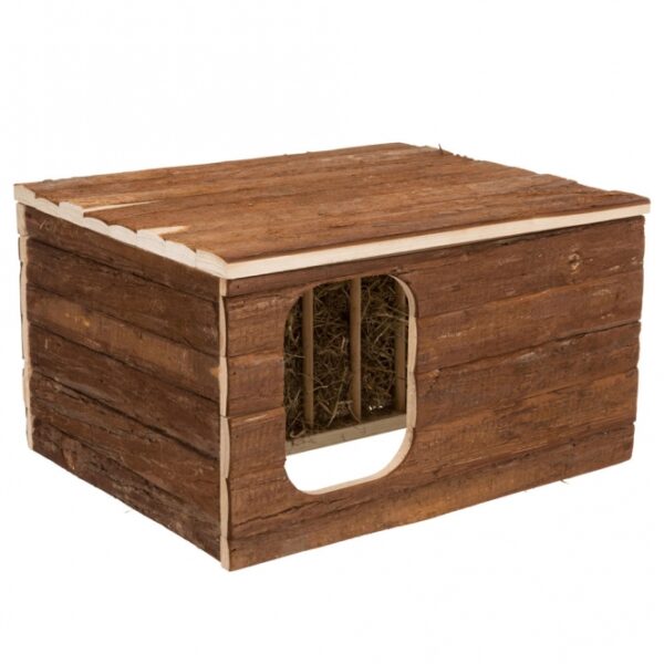 Dieses gemütliche Kleintierhaus aus hochwertigem Naturholz ist die perfekte Unterkunft für Ihre kleinen Freunde wie Kaninchen und Meerschweinchen. Mit einer integrierten Heuraufe schützt es das Futter zuverlässig vor Kot und Urin, sodass Ihre Tiere stets frisches Heu genießen können. Das durchdachte Design mit einem Dach und erhöhten Ausgängen verhindert das Verteilen von Heu und erleichtert die Sauberhaltung des Kleintierheims. Zusätzlich bietet die Liegefläche auf dem Dach einen idealen Platz zum Entspannen. Mit zwei Ein- und Ausgängen ermöglicht dieses tiergerechte Haus einen einfachen Zugang für Ihre Haustiere. Die kompakten Maße von ca. 40 x 23 x 32 cm machen es zu einer praktischen und platzsparenden Lösung für jedes Zuhause. Investieren Sie in das Wohlbefinden Ihrer Kleintiere mit diesem funktionalen und stilvollen Kleintierhaus!