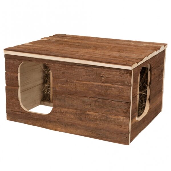 Dieses gemütliche Kleintierhaus aus hochwertigem Naturholz ist die perfekte Unterkunft für Ihre kleinen Freunde wie Kaninchen und Meerschweinchen. Mit einer integrierten Heuraufe schützt es das Futter zuverlässig vor Kot und Urin, sodass Ihre Tiere stets frisches Heu genießen können. Das durchdachte Design mit einem Dach und erhöhten Ausgängen verhindert das Verteilen von Heu und erleichtert die Sauberhaltung des Kleintierheims. Zusätzlich bietet die Liegefläche auf dem Dach einen idealen Platz zum Entspannen. Mit zwei Ein- und Ausgängen ermöglicht dieses tiergerechte Haus einen einfachen Zugang für Ihre Haustiere. Die kompakten Maße von ca. 40 x 23 x 32 cm machen es zu einer praktischen und platzsparenden Lösung für jedes Zuhause. Investieren Sie in das Wohlbefinden Ihrer Kleintiere mit diesem funktionalen und stilvollen Kleintierhaus!