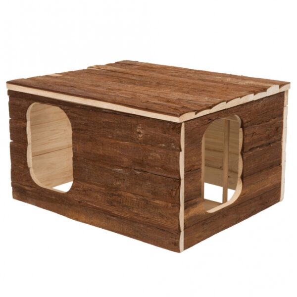 Dieses gemütliche Kleintierhaus aus hochwertigem Naturholz ist die perfekte Unterkunft für Ihre kleinen Freunde wie Kaninchen und Meerschweinchen. Mit einer integrierten Heuraufe schützt es das Futter zuverlässig vor Kot und Urin, sodass Ihre Tiere stets frisches Heu genießen können. Das durchdachte Design mit einem Dach und erhöhten Ausgängen verhindert das Verteilen von Heu und erleichtert die Sauberhaltung des Kleintierheims. Zusätzlich bietet die Liegefläche auf dem Dach einen idealen Platz zum Entspannen. Mit zwei Ein- und Ausgängen ermöglicht dieses tiergerechte Haus einen einfachen Zugang für Ihre Haustiere. Die kompakten Maße von ca. 40 x 23 x 32 cm machen es zu einer praktischen und platzsparenden Lösung für jedes Zuhause. Investieren Sie in das Wohlbefinden Ihrer Kleintiere mit diesem funktionalen und stilvollen Kleintierhaus!