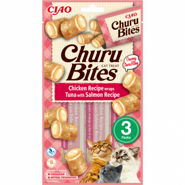 Churu® Bites mit Huhn, Thunfisch & Lachs sind die perfekten Snacks für Ihre Katze – ein köstlicher, bissgrosser und kissenförmiger Genuss, der aus natürlichen Zutaten hergestellt wird. Diese getreidefreien Leckerlis bieten nicht nur einen unwiderstehlichen Geschmack, sondern sind auch reich an Feuchtigkeit und kalorienarm. Dank der praktischen Einzelportionen bleibt jeder Snack frisch und lecker, ideal für die tägliche Verwöhnung Ihrer Samtpfote. Churu® Bites enthalten hochwertiges Hühnerfleisch (41,6 %), Thunfisch (32,9 %) und Lachs (0,9 %), angereichert mit Vitamin E, das als Antioxidans wirkt und Ihre Katze gesund hält. Diese schmackhaften Snacks sind frei von Farb- und Konservierungsstoffen und bieten eine verantwortungsvolle Ernährung für Ihre Katze. Verwöhnen Sie Ihre Katze mit Churu® Bites – gesund, lecker und einfach unwiderstehlich!