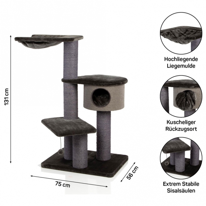 Der hochwertige Kratzbaum Coony 130 ist die perfekte Wahl für Katzenliebhaber mit mehreren Samtpfoten. Mit seiner extrem stabilen und standfesten Bauweise, dank der massiven Sisalsäule mit einem Durchmesser von ca. 15 cm, bietet dieser Kratzbaum optimale Sicherheit für große und schwere Katzenrassen. Die abwechslungsreichen und großzügigen Schlafplätze laden Ihre Katzen zu ausgiebigen Ruhepausen ein, während das kuschelige Häuschen mit einem Durchmesser von ca. 41,5 cm und einer Höhe von ca. 26 cm ideal zum Verstecken und Entspannen ist. Das herausnehmbare Kuschelkissen ist leicht zu reinigen und sorgt für zusätzlichen Komfort. Die vielen Plattformen ermöglichen es jeder Katze, ihren Lieblingsplatz zu finden, und die große Liegemulde mit den Maßen ca. 60 x 55 cm bietet einen perfekten Überblick über das Revier. Mit einer stabilen Bodenplatte von ca. 75 x 56 x 4 cm und einem Gesamtgewicht von ca. 29 kg ist der Coony 130 nicht nur robust, sondern auch ein echter Kletterspaß für Ihre Katzen. Dieser Kratzbaum ist die ideale Lösung für einen Mehrkatzenhaushalt und vereint hohe Qualität mit einem ansprechenden Design in elegantem Grau.