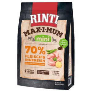 Rinti Max-i-Mum ist das ideale Alleinfuttermittel für kleine Hunde von 2 bis 10 kg, das mit 65% frischem Huhn und Innereien zubereitet wird. Über 90% der verwendeten Fleischmaterialien sind frisch, was den natürlichen Fleischgeschmack intensiviert und die Nahrungsverwertung optimiert. Dank des erhöhten Fettgehalts bietet Rinti Max-i-Mum ein ausgewogenes Protein-/Fett-Verhältnis, das eine schonende Verdauung fördert. Dieses getreidefreie Hundefutter enthält zudem 30% Gemüse und extra kleine Kroketten, die speziell für kleine Hunde entwickelt wurden. Mit Rinti Max-i-Mum geben Sie Ihrem Hund eine hochwertige, schmackhafte und gesunde Ernährung, die auf die Bedürfnisse von Fleischfressern abgestimmt ist. **Hauptmerkmale:** - 65% frisches Huhn für besten Geschmack - 90% frische Zutaten für optimale Nahrungsverwertung - Getreidefrei und reich an Gemüse - Ausgewogenes Protein-/Fett-Verhältnis für gesunde Verdauung Füttern Sie ausschließlich Rinti Max-i-Mum oder kombinieren Sie es mit Nassfutter für eine abwechslungsreiche Ernährung. Achten Sie darauf, stets frisches Wasser zur Verfügung zu stellen.