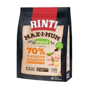 Rinti Max-i-Mum ist das ideale Alleinfuttermittel für kleine Hunde von 2 bis 10 kg, das mit 65% frischem Huhn und Innereien zubereitet wird. Über 90% der verwendeten Fleischmaterialien sind frisch, was den natürlichen Fleischgeschmack intensiviert und die Nahrungsverwertung optimiert. Dank des ausgewogenen Protein-/Fett-Verhältnisses und des erhöhten Fettgehalts wird eine schonende Verdauung gefördert. Rinti Max-i-Mum ist zudem getreidefrei und enthält 30% Gemüse, was es zu einer gesunden Wahl für Ihren Hund macht. Die extra kleinen Kroketten sind perfekt für kleine Hunde und sorgen für eine einfache Fütterung. Vertrauen Sie auf Rinti Max-i-Mum für eine hochwertige, schmackhafte Ernährung, die die natürlichen Bedürfnisse Ihres Hundes unterstützt!