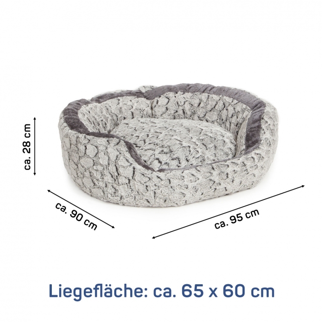 Das kuschelweiche Hundebett London bietet Ihrem Hund einen unvergleichlichen Schlafkomfort und lässt ihn wie auf Wolken liegen. Die Liegefläche ist mit einem besonders weichen Plüschkissen ausgestattet, das sich optimal an die Liegeposition Ihres Vierbeiners anpasst. Der Kissenbezug besteht auf einer Seite aus flauschigem Fellimitat und auf der anderen aus grauem, samtweichem Plüsch, was ihm ein elegantes Aussehen verleiht. Dank des praktischen Reißverschlusses lässt sich der "Wölkchenbezug" ganz einfach abziehen und reinigen. Die Antirutsch-Unterseite sorgt für eine sichere Bodenhaftung, sodass das Hundebett stabil an seinem Platz bleibt. Die hohen Seitenränder bieten nicht nur eine gemütliche Ablagefläche für den Hundekopf, sondern schaffen auch eine nestartige Form, die Ihrem Hund Sicherheit und Geborgenheit vermittelt. Zudem wird durch die hohen Ränder kalte Zugluft abgehalten, was für einen erholsamen Schlaf sorgt. Der Einstieg ist abgesenkt, sodass Ihr Hund mühelos in sein neues Lieblingsbett gelangen kann. **Eigenschaften des Hundebett London:** - Waschbare Bezüge für einfache Pflege - Hochwertiges Fellimitat für zusätzlichen Komfort - Samtweicher Plüsch für ein luxuriöses Gefühl - Herausnehmbares Kissen für flexible Nutzung - Antirutsch-Unterseite für optimale Sicherheit - Reißverschlüsse auf 4 Seiten für einfache Handhabung Entscheiden Sie sich für das Hundebett London und schenken Sie Ihrem Hund den Schlaf, den er verdient!