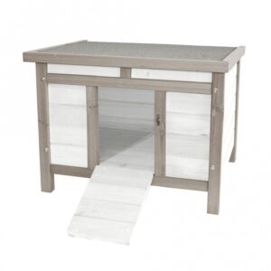 Das Kleintierhaus Howie ist das ideale Zuhause für Ihre Kaninchen und Meerschweinchen. Dieses robuste und stilvolle Häuschen bietet nicht nur einen sicheren Unterschlupf, sondern lässt sich auch perfekt mit einem Kaninchen-Auslauf oder einem Kaninchenstall kombinieren. Die praktische, hochklappbare Einstiegsrampe ermöglicht einen einfachen Zugang und sorgt dafür, dass das Haus sicher verschlossen werden kann. Mit den kompakten Maßen von 60 x 50 x 47 cm und der ansprechenden Farbgestaltung in Weiß und Grau fügt sich das Kleintierhaus harmonisch in jeden Garten ein. Investieren Sie in dieses hochwertige Kleintierhaus und bieten Sie Ihren kleinen Freunden einen gemütlichen Rückzugsort, der sowohl funktional als auch optisch überzeugt.