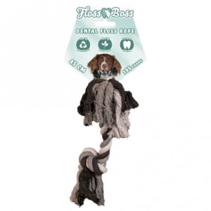 Entdecken Sie unser hochwertiges Zahnseil für Hunde, hergestellt aus 100% natürlicher Baumwolle. Dieses sichere und langlebige Spielzeug ist ideal für Apportier- und Zugspiele und sorgt gleichzeitig für die Zahnpflege Ihres Vierbeiners. Während des Spiels reinigt das Floss Boss Zahnseil effektiv die Zähne Ihres Hundes und fördert eine gesunde Mundhygiene. Mit einer Länge von 45 cm, einem Durchmesser von 2,5 cm und einer robusten Struktur ist es dichter geflochten und deutlich stärker als herkömmliche Zahnseile. Wählen Sie ein Spielzeug, das sowohl Spaß macht als auch die Zahngesundheit Ihres Hundes unterstützt – für glückliche und gesunde Tiere! **Artikelnr.: FLOS0012 | Gewicht: 195 g | Anzahl Knoten: 2**