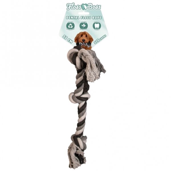 Entdecken Sie unser hochwertiges Floss Boss Zahnseil, das mit 3 stabilen Knoten ausgestattet ist und aus 100% natürlicher Baumwolle besteht. Dieses ideale Spielzeug für Hunde ist perfekt für Apportier- und Zugspiele und sorgt dafür, dass Ihr Vierbeiner sicher und glücklich bleibt. Dank seiner robusten und langlebigen Beschaffenheit ist es nicht nur umweltfreundlich, sondern unterstützt auch die Zahnreinigung Ihres Hundes während des Spielens. Das dichte Geflecht macht dieses Zahnseil deutlich stärker als herkömmliche Modelle, da ausschließlich ganze Fäden verwendet werden. Mit einer Länge von 55 cm und einem Durchmesser von 2,5 cm ist es das perfekte Spielzeug für aktive Hunde. Gönnen Sie Ihrem Hund das Beste – ein sicheres und langlebiges Zahnseil für stundenlangen Spielspaß!