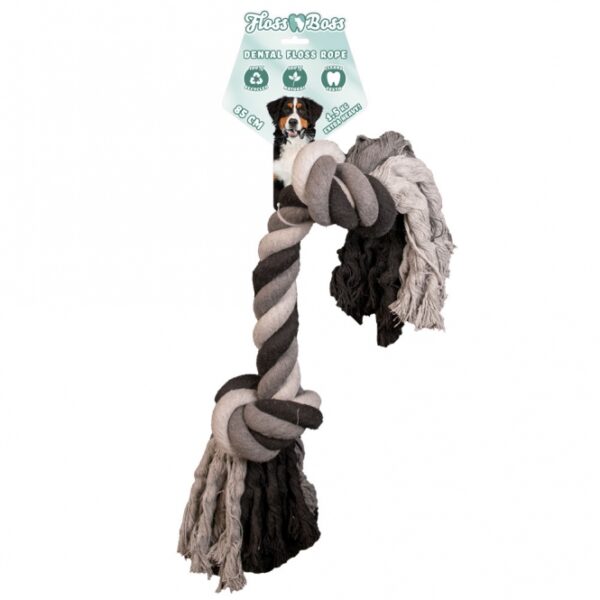Entdecken Sie unser hochwertiges Zahnseil aus 100% Baumwolle, das speziell für Hunde entwickelt wurde. Dieses sichere, natürliche und langlebige Spielzeug ist ideal für Apportier- und Zugspiele und fördert gleichzeitig die Zahnhygiene Ihres Hundes. Dank der dichten Flechtung ist das Floss Boss Zahnseil deutlich stärker als herkömmliche Zahnseile, da nur ganze Fäden verwendet werden. Mit einer Länge von 85 cm und einem Gewicht von 1,5 kg ist es extra schwer und robust. Gönnen Sie Ihrem Hund ein sicheres und effektives Spielzeug, das nicht nur Spaß macht, sondern auch die Zähne reinigt! **Keywords:** Zahnseil, Hundespielzeug, 100% Baumwolle, langlebig, Zahnhygiene, Apportierspiele, Floss Boss.