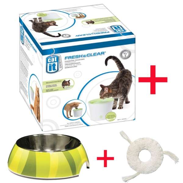 Der **Catit Fresh + Clear Trinkbrunnen** ist die ideale Lösung für Katzen und kleine Hunde, die frisches, gefiltertes Wasser lieben. Mit einem großzügigen **Fassungsvermögen von 3 Litern** ist dieser Trinkbrunnen perfekt für Haushalte mit mehreren Tieren geeignet. Er sorgt für eine kontinuierliche Quelle von **frisch schmeckendem, kaltem Wasser**, das Ihre Tiere dazu anregt, mehr zu trinken und so Harnwegserkrankungen vorzubeugen. Dank der großen Oberfläche des Brunnens wird das Wasser optimal mit Sauerstoff angereichert, was zu einem besseren Geschmack führt. Die mehrstufige **Filterung** entfernt Schmutz, Futterreste und Haare, während die Aktivkohle effektiv Wasserverunreinigungen absorbiert. Die Wasserzirkulation kühlt das Wasser zusätzlich und sorgt für ein erfrischendes Trinkerlebnis. Mit den kompakten Gesamtmaßen von ca. **21 x 21 x 16,8 cm** und einer Trinkhöhe von ca. **15 cm** passt der Brunnen in jede Wohnung. **Im Aktionsset enthalten** sind zudem der **Hagen Catit/Dogit 2-in-1 Napf Green Zebra**, ein hochwertiger Napf mit Edelstahleinsatz, der sich leicht reinigen lässt und rutschfest ist, sowie ein **Luffa-Katzenspielzeug mit Katzenminze** für zusätzlichen Spielspaß. Gönnen Sie Ihrem Haustier das Beste mit diesem praktischen Set!