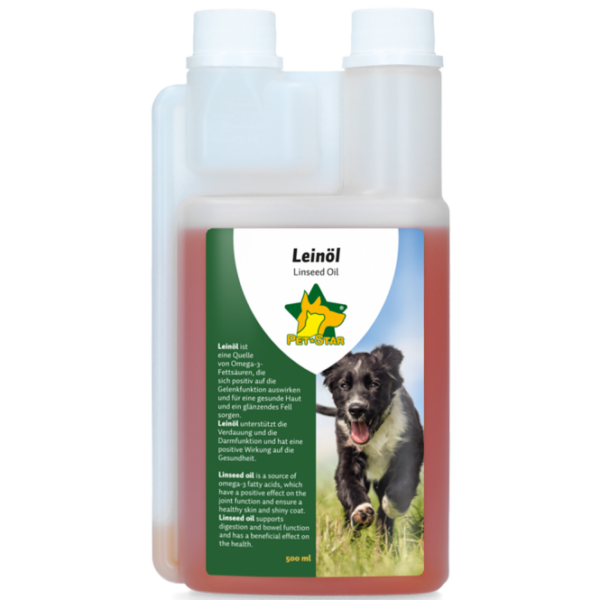 **Pet-Star Leinöl – Hochwertiges Leinöl für Hunde** Entdecken Sie das **Pet-Star Leinöl**, ein hochwertiges Einzelfuttermittel für Hunde, das aus kaltgepresstem Leinsamenöl gewonnen wird. Dieses **nährstoffreiche Leinöl** behält alle wichtigen Vitamine und Fettsäuren, die das Wohlbefinden Ihres Hundes fördern. Die Fütterungsempfehlung ist einfach: Für Hunde unter 10 kg empfehlen wir 5 ml pro Tag, für Hunde zwischen 10 und 25 kg 10 ml pro Tag und für Hunde über 25 kg 15 ml pro Tag. Mit einem hohen Rohfettgehalt von 99,0 % und minimalen Anteilen an Rohprotein, Rohfaser und Rohasche ist unser Leinöl die ideale Ergänzung für die tägliche Ernährung Ihres vierbeinigen Freundes. Lagern Sie das Leinöl kühl und trocken, und schützen Sie es vor direkter Sonneneinstrahlung, um die Frische und Qualität zu bewahren. Schließen Sie die Verpackung nach jedem Gebrauch, damit Ihr Hund immer die besten Nährstoffe erhält. Gönnen Sie Ihrem Hund die Vorteile von **Pet-Star Leinöl** – für ein gesundes und vitales Leben!