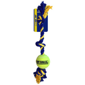 Entdecken Sie unser hochwertiges Medium-Baumwollseil mit 3 Knoten und einem extra starken Tennisball, perfekt für Ihren Hund! Dieses geflochtene Seil besteht aus robuster '1st class' Baumwolle und bietet eine hohe Qualität, die sich von anderen Seilspielzeugen abhebt. Die auffällige blau-gelbe Farbe sorgt dafür, dass Ihr Hund das Spielzeug selbst auf grünem Rasen gut erkennen kann. Der hundefreundliche Tennisball mit extra dicker Wand garantiert langen Kau- und Spielspaß. Mit einer Länge von ca. 60 cm und einem Balldurchmesser von ca. 10 cm ist dieses Seilspielzeug ideal für alle Hunderassen. Gönnen Sie Ihrem Vierbeiner das beste Spielvergnügen!