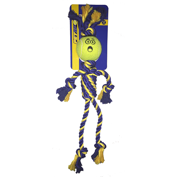 Unser geflochtener Baumwoll-Rasta-Man mit extra starkem Tennisball ist das ideale Spielzeug für Ihren Hund! Hergestellt aus hochwertiger, robuster '1st class' Baumwolle, bietet dieses Seilspielzeug nicht nur eine lange Lebensdauer, sondern auch unzählige Stunden Spiel- und Kauvergnügen. Die auffällige blau/gelbe Farbgebung sorgt dafür, dass Ihr Hund das Spielzeug auch auf grünem Rasen gut erkennt. Ausgestattet mit zwei hundefreundlichen Tennisbällen mit extra dicker Wand, garantiert es maximalen Spielspaß und Sicherheit. Mit einer Länge von ca. 49 cm und einem Balldurchmesser von je ca. 6 cm ist dieses Spielzeug perfekt für kleine und mittelgroße Hunde. Entscheiden Sie sich für Qualität und Freude – der geflochtene Baumwoll-Rasta-Man ist ein Must-Have für jeden Hundebesitzer!