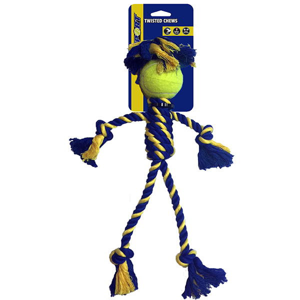 Unser geflochtener Baumwoll-Rasta-Man mit extra starkem Tennisball ist das ideale Spielzeug für Ihren Hund! Hergestellt aus hochwertiger, robuster '1st class' Baumwolle, bietet dieses Seilspielzeug nicht nur eine lange Lebensdauer, sondern auch unzählige Stunden Spiel- und Kauvergnügen. Die auffällige blau/gelbe Farbgebung sorgt dafür, dass Ihr Hund das Spielzeug auch auf grünem Rasen gut erkennt. Ausgestattet mit zwei hundefreundlichen Tennisbällen mit extra dicker Wand, garantiert es maximalen Spielspaß und Sicherheit. Mit einer Länge von ca. 49 cm und einem Balldurchmesser von je ca. 6 cm ist dieses Spielzeug perfekt für kleine und mittelgroße Hunde. Entscheiden Sie sich für Qualität und Freude – der geflochtene Baumwoll-Rasta-Man ist ein Must-Have für jeden Hundebesitzer!