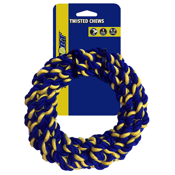 Dieser hochwertige Ring aus dickem, geflochtenem Seil ist das perfekte Spielzeug für Ihren Hund. Hergestellt aus robuster, "1st class" Baumwolle, bietet er nicht nur Langlebigkeit, sondern auch ein sicheres Spielerlebnis. Im Vergleich zu anderen Seilspielzeugen für Hunde sticht dieses durch seine hohe Qualität und ansprechende blau/gelbe Farbe hervor, die Ihr Hund besonders gut auf Rasen erkennen kann. Mit einem Durchmesser von ca. 17,5 cm ist dieser Ring ideal für alle Hunderassen und sorgt für stundenlangen Spielspaß. Investieren Sie in dieses hochwertige Seilspielzeug und schenken Sie Ihrem Hund Freude und Bewegung!