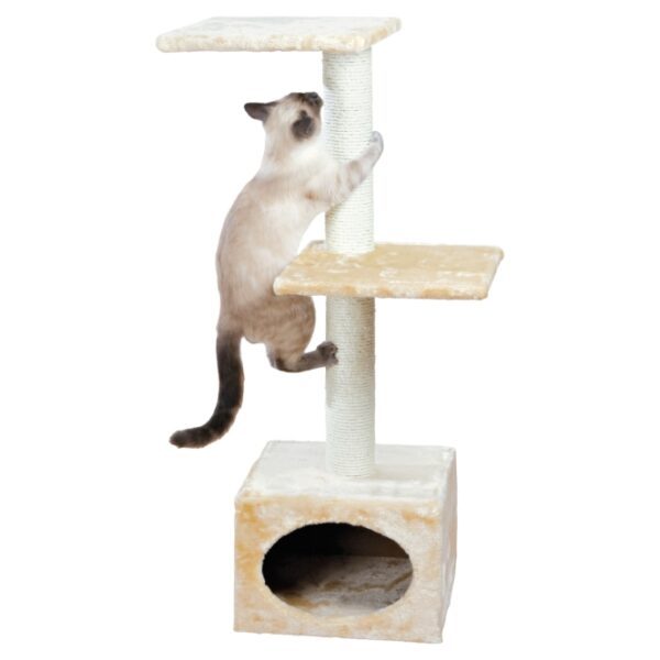 Der Kratzbaum Badalona von Trixie ist das perfekte Möbelstück für jede Katze und bietet alles, was das Katzenherz begehrt. Mit einer gemütlichen Höhle, zwei großzügigen Liegeflächen und zwei stabilen Sisalstämmen ist er ideal zum Spielen und Entspannen. Der Kratzbaum ist mit weichem, hochwertigem Plüsch bezogen und verfügt über eine zusätzliche Plüscheinlage in der Höhle, die für maximalen Komfort sorgt. Der niedliche Pfotenabdruck verleiht dem Kratzbaum eine charmante Note. Mit einer Grundfläche von ca. 37 x 37 cm, einer Höhe von ca. 109 cm und einem Stammdurchmesser von ca. 9 cm passt er perfekt in jede Wohnung. In stilvollem Beige fügt sich dieser Kratzbaum harmonisch in Ihr Zuhause ein und ist eine ausgezeichnete Wahl für Katzenliebhaber, die Wert auf Qualität und Design legen.
