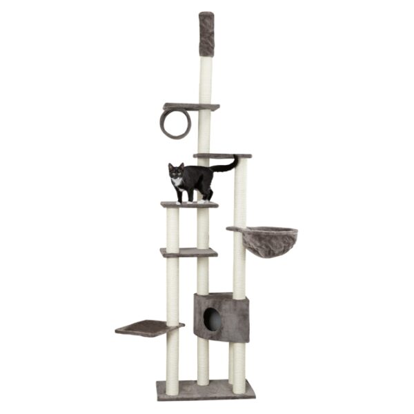 Der Trixie Dream World Kratzbaum Madrid ist die perfekte Lösung für Katzenliebhaber, die ihren Stubentigern einen optimalen Spiel- und Ruheplatz bieten möchten. Dieser hochwertige Kratzbaum schützt Ihre Möbel und Teppiche effektiv vor den natürlichen Kratzgewohnheiten Ihrer Katze. Mit seinen 13 robusten Sisal-Stämmen, die mit Natursisal umwickelt sind, und den weichen Plüsch-Liegeplatten, Mulden und Höhlen, sorgt er für unvergleichlichen Komfort und Spielspaß. Der deckenhohe Kratzbaum ist durch einen praktischen Deckenspanner für Deckenhöhen von 245 cm bis 270 cm geeignet und bietet eine Gesamthöhe von 245 bis 270 cm. Die Bodenplatte misst 68 x 44 cm, während die Liegemulden und Liegeplatten in verschiedenen Größen vorhanden sind, um allen Bedürfnissen Ihrer Katze gerecht zu werden. In elegantem Platingrau fügt sich dieser Kratzbaum harmonisch in jedes Zuhause ein. Investieren Sie in die Lebensqualität Ihrer Katze mit diesem stilvollen und funktionalen Kratzbaum!