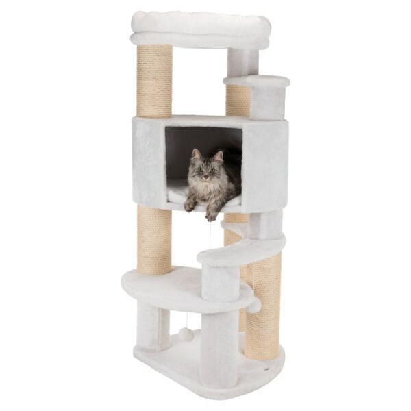 Dieser Katzenbaum ist besonders für große Katzen geeignet und bietet dank seines hochwertigen Plüschbezugs optimalen Komfort. Die stabilen Stämme sind mit extra dickem Natursisal umwickelt, was für eine hohe Kratzfestigkeit sorgt. Gepolsterte Liegeplatten und eine gemütliche Höhle mit Wendekissen laden zum Entspannen ein. Das Wendekissen sowie das abnehmbare Kuschelbett sind handwaschbar, was die Pflege erleichtert. Zusätzlich sind Spielzeuge am Band befestigt, die für Unterhaltung sorgen. Mit einer Grundfläche von 64 × 64 cm, einem Stamm von 15 cm Durchmesser und einer Höhe von 147 cm ist dieser Katzenbaum die perfekte Wahl für Katzenliebhaber, die Wert auf Qualität und Funktionalität legen. Die elegante Farbe Weiß fügt sich harmonisch in jedes Zuhause ein.