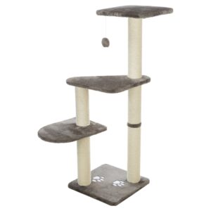Dieser hochwertige Katzenbaum mit Plüsch-Bezug ist der perfekte Spielplatz für Ihre Katze. Die robusten Stämme sind mit Natursisal umwickelt, was nicht nur für ein sicheres Klettererlebnis sorgt, sondern auch die Krallen Ihrer Katze schont. Die gepolsterte Liegeplatte bietet einen gemütlichen Rückzugsort und ist ideal zum Entspannen. Zusätzlich ist ein Spielzeug am Gummiband befestigt, das für stundenlangen Spielspaß sorgt. Mit einer Grundfläche von ca. 40 x 40 cm, einem Stammdurchmesser von ca. 9 cm und einer Höhe von ca. 117 cm passt dieser Katzenbaum perfekt in jede Wohnung. Die elegante Farbe Platingrau fügt sich harmonisch in Ihr Zuhause ein. Investieren Sie in die Gesundheit und das Wohlbefinden Ihrer Katze mit diesem stilvollen und funktionalen Katzenbaum!