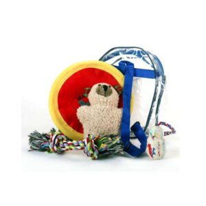 Entdecken Sie unser vielseitiges Spielset für Vierbeiner, das für jeden Hund das Richtige bietet! Praktisch verpackt in einem transparenten Rucksack, ist es ideal für unterwegs und perfekt für zu Hause. Dieses hochwertige Spielset enthält einen robusten Nylonfrisbee, einen kuscheligen Lammfellbär, einen Jumper am Seil und einen spannenden Zahnknoten – alles, was Ihr Hund für stundenlangen Spielspaß braucht. Der Rucksack sorgt dafür, dass Sie alles bequem transportieren können. Investieren Sie in die Freude Ihres Hundes mit diesem günstigen und qualitativ hochwertigen Spielzeugset!