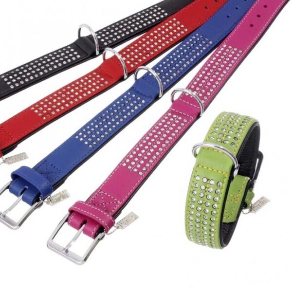 Entdecken Sie das VINTAGE Strasshalsband, ein hochwertiges Schmuckstück aus feinstem Feinleder, das im angesagten Retrolook begeistert. Dieses elegante Halsband ist üppig mit modischem Strass in glasreiner Qualität besetzt, der im Licht spektakulär funkelt. Hergestellt in Handarbeit in Deutschland, überzeugt es durch beste Verarbeitung und Strapazierfähigkeit. Der Strassbesatz ist sicher zwischen den Lagen des Leders eingenäht, was für eine langlebige Nutzung sorgt. Mit einer Gesamtlänge von 65 cm und einer Breite von 40 mm ist es das perfekte Accessoire für stilbewusste Hunde. Das Halsband ist zusätzlich mit schwarzem Softleder unterlegt, was den Tragekomfort erhöht. Die VINTAGE-Reihe bietet edle Lederleinen und Halsbänder in modischen Trendfarben, die alle handvernäht sind und aus hochwertigen Materialien bestehen. Gönnen Sie Ihrem Vierbeiner dieses luxuriöse Strasshalsband und setzen Sie ein modisches Statement!
