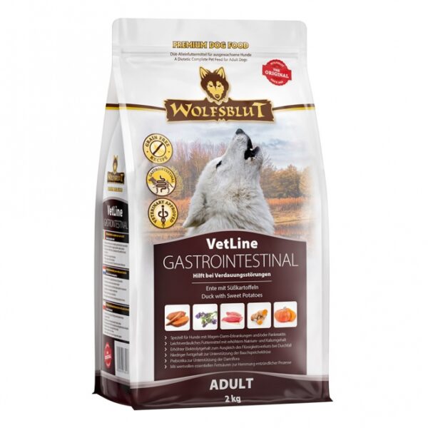 **Optimierte Produktbeschreibung für Wolfsblut VetLine Gastrointestinal** Wolfsblut VetLine Gastrointestinal ist ein hochwertiges Diät-Alleinfuttermittel, speziell entwickelt für ausgewachsene Hunde mit Verdauungsstörungen, Magen-Darm-Erkrankungen und Pankreatitis. Die schmackhafte Rezeptur aus leicht verdaulichem Entenfleisch und nährstoffreicher Süßkartoffel unterstützt die gesunde Verdauung und lindert Symptome wie Durchfall und Erbrechen. Durch den niedrigen Fettgehalt ist dieses Futter ideal für Hunde mit Pankreasinsuffizienz. Die enthaltenen Mannan-Oligosaccharide (MOS) fördern eine ausgeglichene Darmflora, während Elektrolyte helfen, Mineralstoffverluste auszugleichen und Dehydration vorzubeugen. Zudem stärken essentielle Fettsäuren und Superfoods wie Kurkuma die entzündungshemmende Wirkung und die allgemeine Gesundheit Ihres Hundes. Diese getreidefreie Rezeptur ist frei von Mais, Gluten und künstlichen Zusatzstoffen, was sie zu einer sicheren Wahl für empfindliche Hunde macht. Entwickelt in Zusammenarbeit mit Tierärzten, bietet Wolfsblut VetLine Gastrointestinal die beste Unterstützung für die Verdauungsgesundheit Ihres treuen Begleiters. **Auf einen Blick:** - Diätfutter für Hunde mit Magen-Darm-Erkrankungen und Pankreatitis - Hochwertige, natürliche Inhaltsstoffe - Leicht verdauliches Entenfleisch und Süßkartoffeln - Niedriger Fettgehalt zur Unterstützung der Bauchspeicheldrüse - Erhöhter Elektrolytgehalt zur Mineralstoffversorgung - Enthält Prebiotika zur Stärkung der Darmflora - Ohne Getreide, Mais, Gluten, Soja und künstliche Zusätze Geben Sie Ihrem Hund die Nährstoffe, die er braucht, um gesund und glücklich zu bleiben!