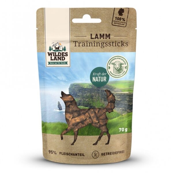 **Wildes Land - Hundesnack - Trainingssticks Lamm 70g** Die hochwertigen Trainingssticks Lamm von Wildes Land sind die perfekte Belohnung für Ihren Hund und basieren auf den natürlichen Bedürfnissen Ihres Vierbeiners. Diese getreidefreien und glutenfreien Snacks sind ideal für ernährungssensible Hunde und bieten eine hohe Akzeptanz dank des reinen Lammfleisches. Qualität steht bei Wildes Land an erster Stelle: Alle Produkte sind frei von Zucker, Farb-, Aroma- und Konservierungsstoffen und werden ohne Tierversuche hergestellt. Die positiven Verstärkungen durch diese schmackhaften Trainingssticks sind entscheidend für ein erfolgreiches Hundetraining und stärken die Bindung zwischen Mensch und Tier. Der praktische Beutel mit Klettverschluss macht die Snacks ideal für unterwegs und sorgt dafür, dass Sie jederzeit eine gesunde Belohnung für Ihren Hund parat haben. **Die wichtigsten Vorteile der Wildes Land Trainingssnacks Lamm 70g:** - 95 % Fleischanteil für beste Qualität - Getreidefreie Rezeptur, perfekt für sensible Hunde - Hohe Akzeptanz und schmackhaftes Monoprotein - Frei von schädlichen Zusatzstoffen - Praktisch für das Training unterwegs Gönnen Sie Ihrem Hund die artgerechte Belohnung, die er verdient!