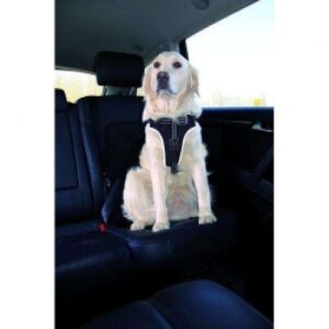 Mit dem hochwertigen Auto-Sicherheitsgeschirr Dog Protect von Trixie transportieren Sie Ihren Hund sicher und bequem im Auto. Dieses robuste, aber dennoch weiche Nylongewebe sorgt für Stabilität und Sicherheit während der Fahrt. Das vielseitige Sicherheitsgeschirr kann auch als Führgeschirr verwendet werden und ist mit reflektierenden Elementen ausgestattet, die sowohl Mensch als auch Tier im Straßenverkehr schützen. Dank des praktischen Kurzführers lässt sich Ihr Hund einfach am Autogurt befestigen und kann bei Pausen direkt mit diesem ausgeführt werden. Der hohe Tragekomfort wird durch eine extra Polsterung im Hals-, Brust- und Bauchbereich gewährleistet, sodass Ihr Hund auch bei abruptem Bremsen keine Verletzungen erleidet. Die verschweißten Metallringe und Metallschieber erhöhen zusätzlich die Sicherheit. Mit einer integrierten Zugentlastung ist das Geschirr besonders belastbar und lässt sich schnell und unkompliziert anlegen. Das Sicherheitsgeschirr ist für alle Autotypen geeignet und in der Größe M (ca. 50–65 cm, Breite 20 mm) erhältlich, ideal für Hunde wie Border Collie und Beagle. Farbe: Schwarz. Setzen Sie auf Qualität und Sicherheit für Ihren Hund im Auto!